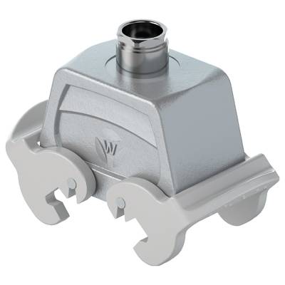 Metalowy element z cylindrycznym złączem na górze, dwoma ramionami bocznymi z otwartymi zaciskami. Widoczna przydatność do mocowania.
