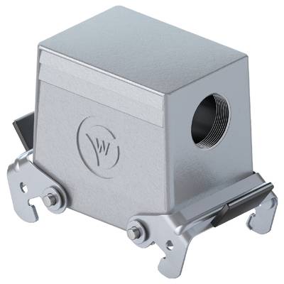 Obudowa metalowa o prostokątnym kształcie, z przyłączem gwintowym z boku oraz dwoma zaciskami na dole. Odpowiednia do połączeń elektronicznych.