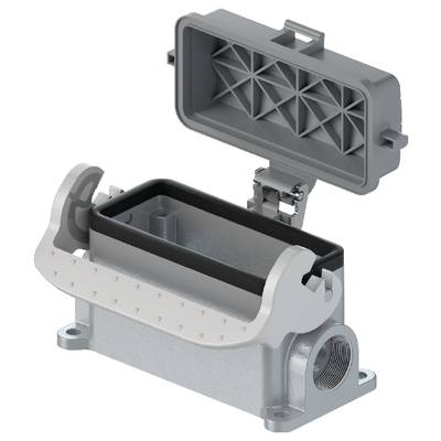 Metalowa obudowa z odkrytą pokrywą i bocznym przyłączem kablowym. Odpowiednia do przemysłowych złączy elektrycznych.