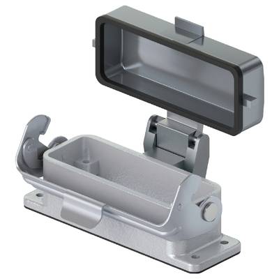 Metalowy, prostokątny złącz wtykowy z zdejmowaną pokrywą, przedstawiający szczegóły mechanizmu połączeniowego oraz budowy obudowy.
