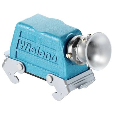 Niebieska elektryczna obudowa złącza z napisem "Wieland", srebrnymi zaciskami i metalową głowicą przyłączeniową.