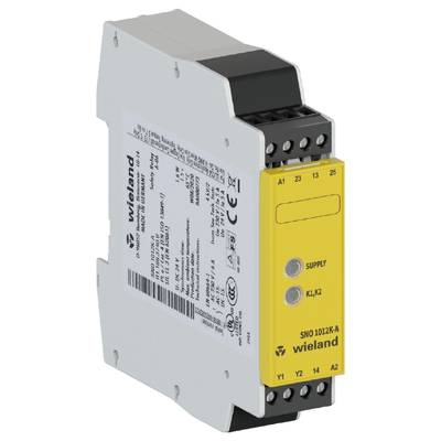 Żółty moduł bezpieczeństwa z czarnymi zaciskami i nadrukowanym tekstem. Producent: Wieland Electric, Model: SNO 1012K-A.