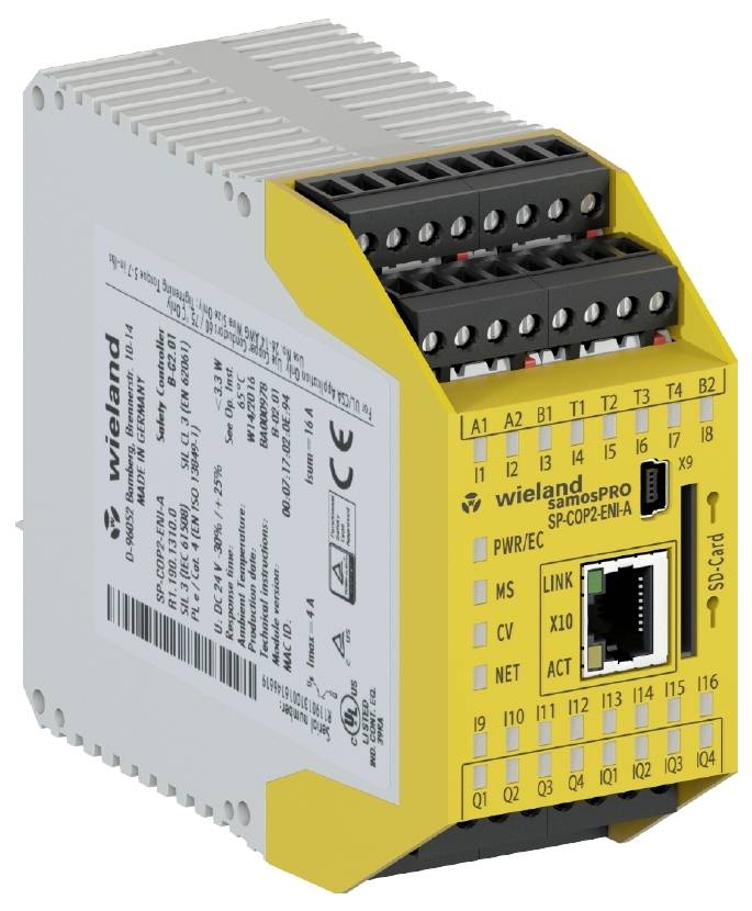 Moduł marki Wieland o nazwie 'samosPRO', składający się z kilku złączy i portu Ethernet.