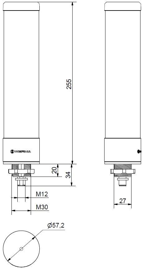 Rysunek techniczny elementu cylindrycznego o następujących wymiarach: wysokość 255 mm, średnica 57,2 mm. Gwinty: M12, M30.