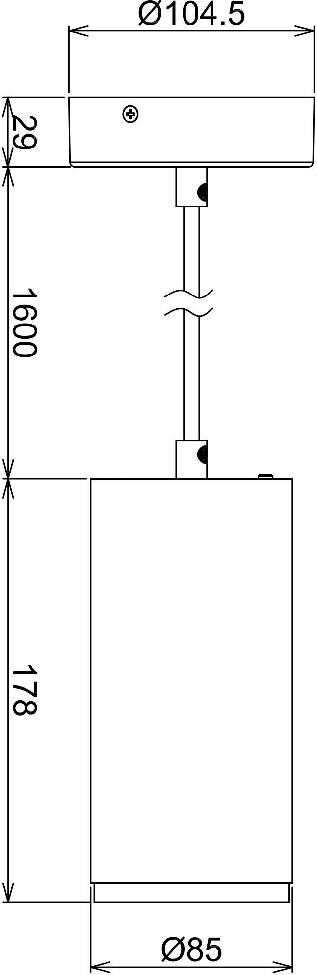 Schemat techniczny cylindrycznej lampy wiszącej z wymiarami: wysokość 1600 mm, szerokość lampy 78 mm, szerokość mocowania 104,5 mm.