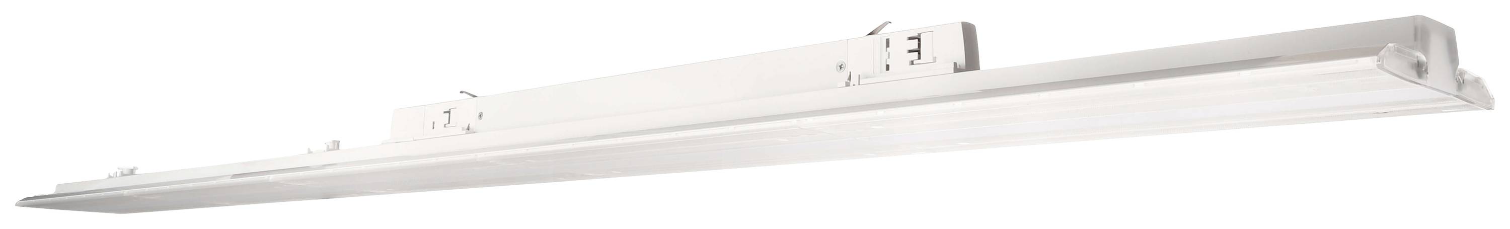 Biała lampa LED Lange, nadająca się do montażu sufitowego. Widok z dystansu ukazuje smukłą, nowoczesną sylwetkę bez widocznych przewodów.