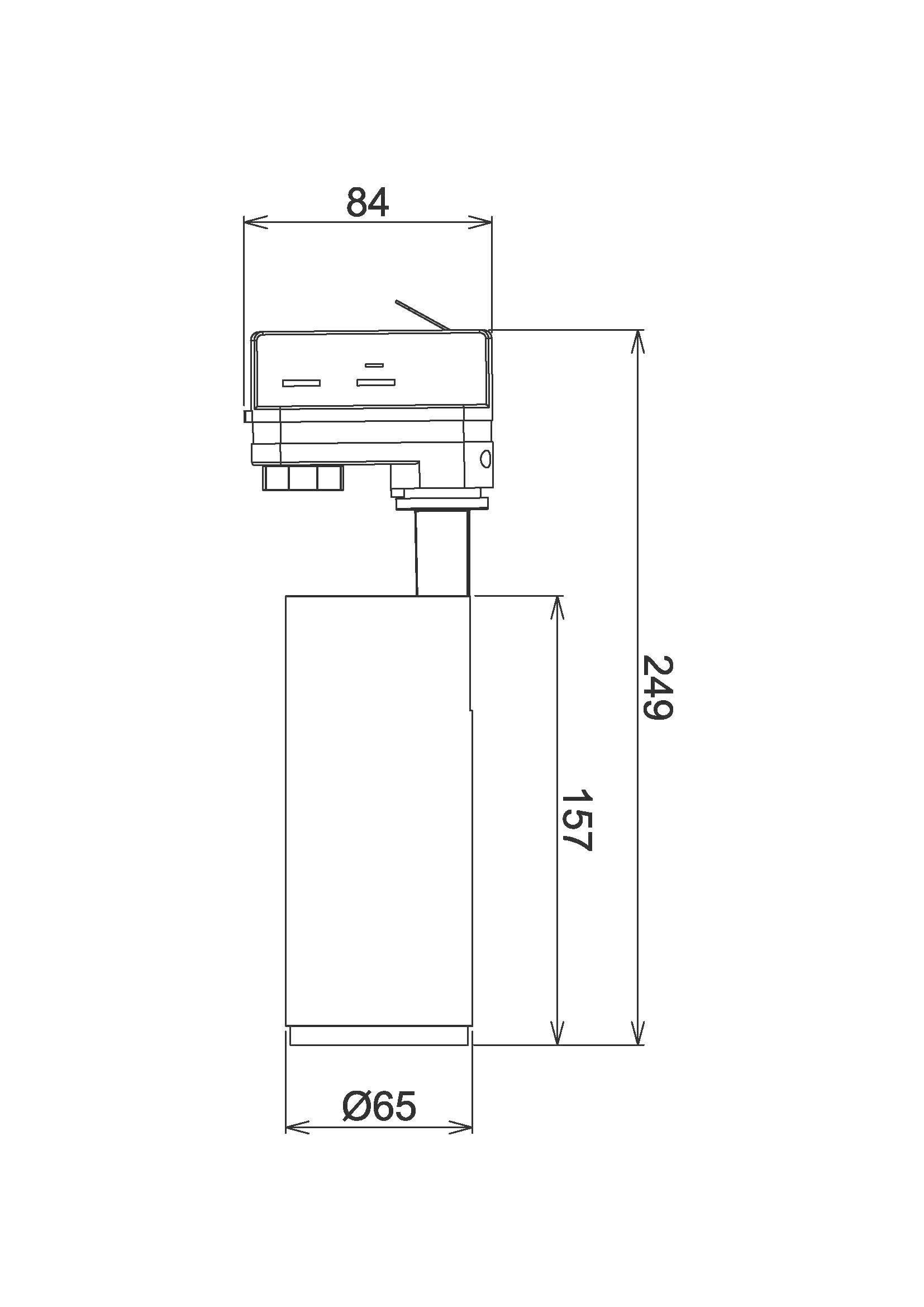 Rysunek techniczny cylindrycznego urządzenia o wymiarach: szerokość 84 mm, wysokość całkowita 249 mm, średnica cylindra 65 mm.