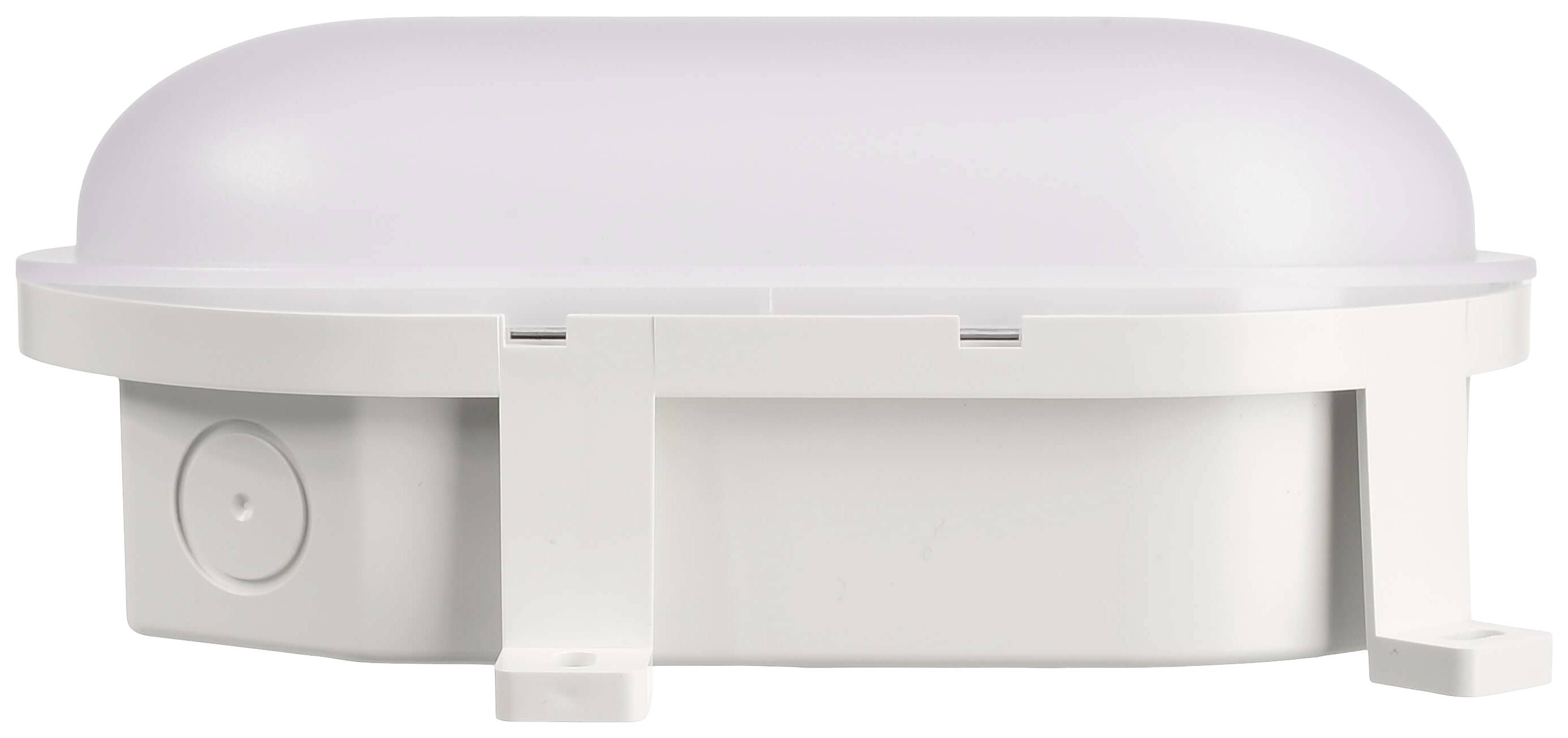 Biała, owalna lampa sufitowa z uchwytem, odpowiednia do zastosowań przemysłowych i komercyjnych.