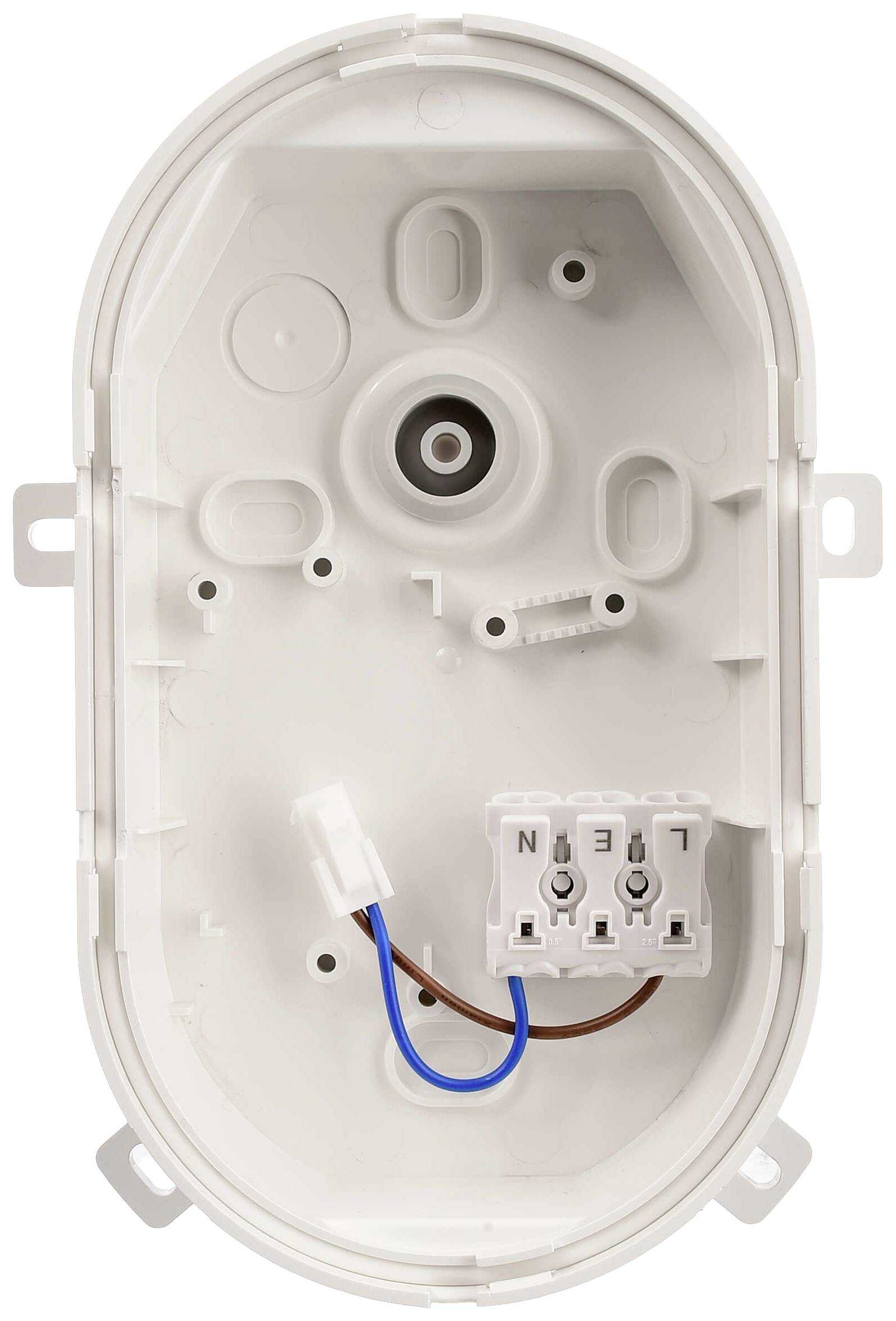 Białe owalne obudowa z trzema połączeniami kablowymi, oznaczonymi numerami 1, 2 i 3, z niebieskim i brązowym przewodem, zabezpieczonymi wewnątrz.
