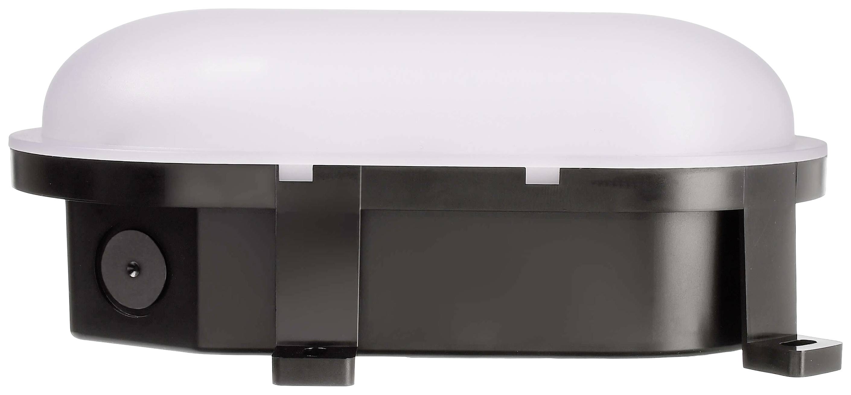 Owalna lampa ścienna LED z czarną podstawą i białym kloszem, zamontowana pionowo.