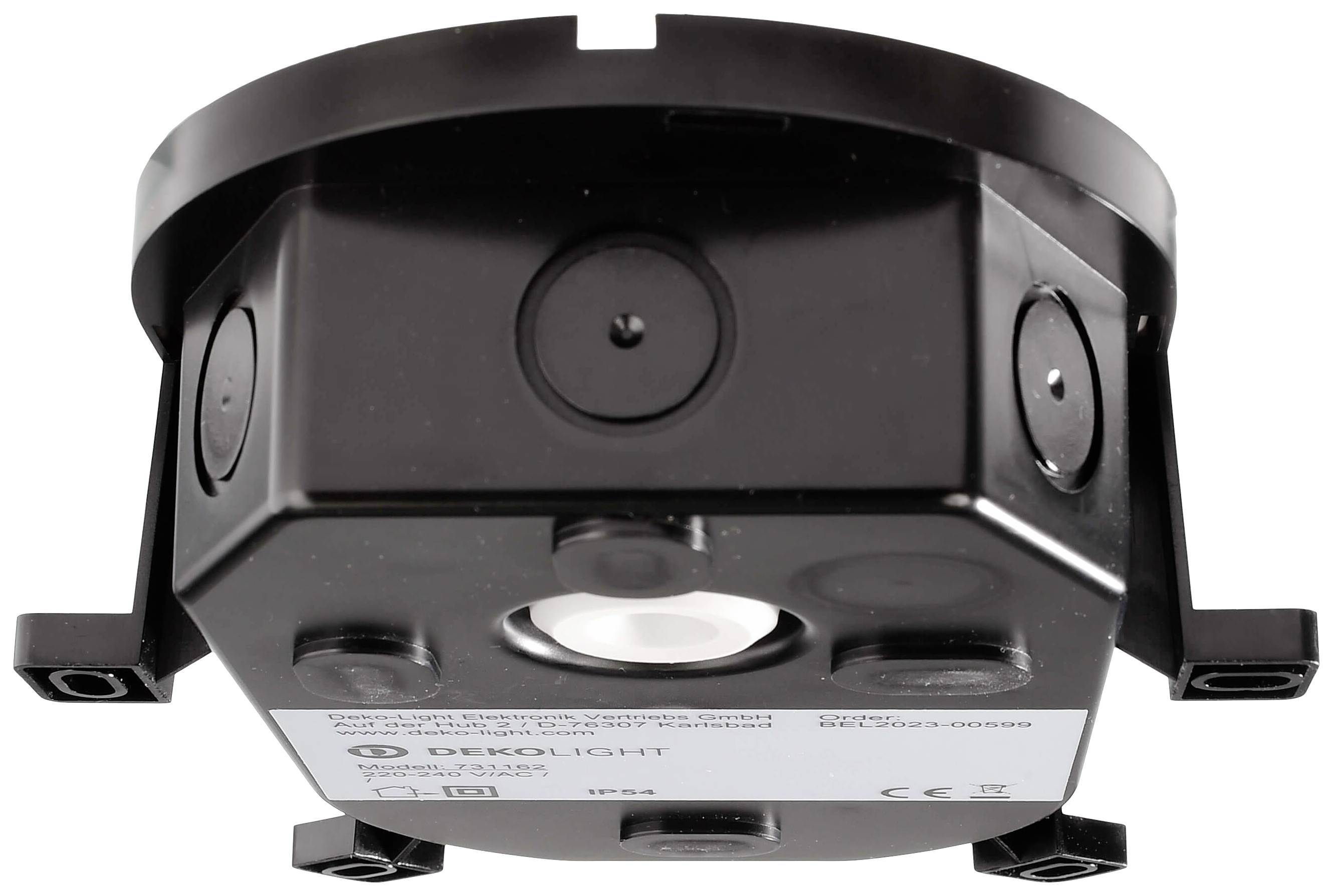 Czarna, okrągła lampa sufitowa z wieloma punktami mocowania i białym źródłem światła w centrum.