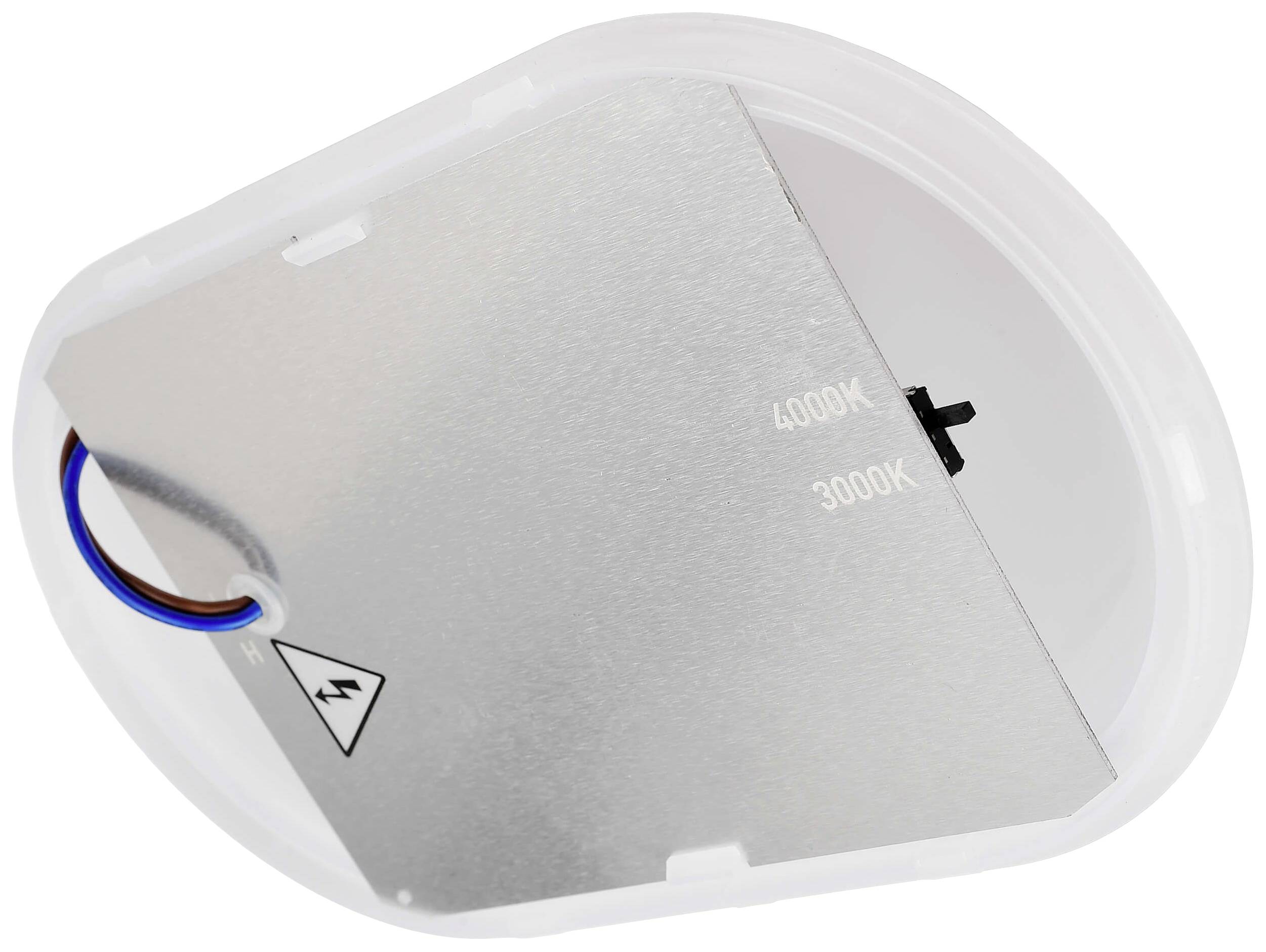 Okrągła lampa sufitowa LED z obrotową metalową obudową. Temperatura barwowa 3000K i 4000K. Widoczne podłączenie zasilania.