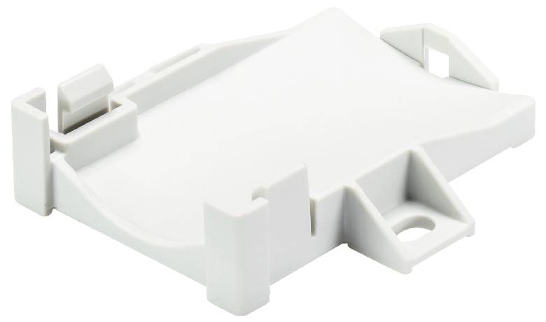 Biała plastikowa podstawa lub uchwyt, prawdopodobnie element wyposażenia dodatkowego urządzenia technicznego lub elektrycznego, z wieloma punktami mocowania.