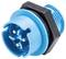 Niebieski, czterobiegunowy wtyk z tworzywa sztucznego z czarnym kołnierzem sześciokątnym. Wtyk posiada cztery metalowe styki w środku.