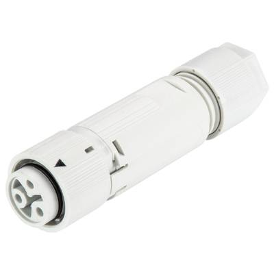Biały, cylindryczny złącz z tworzywa sztucznego, odpowiedni do wodoszczelnych połączeń elektrycznych, z zamknięciem obrotowym.