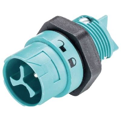 Plastikowy złącze w kolorze niebieskim z czarnym zamknięciem bagnetowym, typowo stosowane w połączeniach elektromechanicznych.