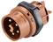 Czerwony, cylindryczny wtyk przemysłowy z trzema metalowymi stykami i czarnym pierścieniem. Przeznaczony do zastosowań o natężeniu 16A, napięciu 400V.