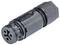 Czarny, cylindryczny wtyk gwintowany z symbolem na przedniej stronie, prawdopodobnie przeznaczony do połączeń przemysłowych.