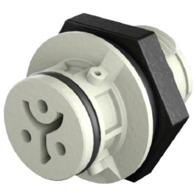 Biały, okrągły wtyk plastikowy z czarną krawędzią, używany jako element łączący w urządzeniach elektronicznych.