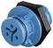 Niebieski, sześciokątny złącznik obrotowy z trzema otworami o kształcie koła, odpowiedni do zastosowań przemysłowych i połączeń elektrycznych.