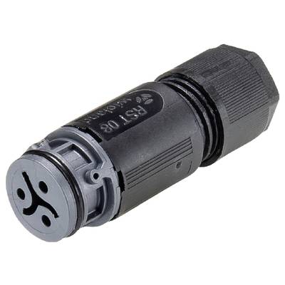 Czarny cylindryczny korpus złącza z symetrycznym, okrągłym końcem przyłączeniowym, odpowiedni do połączeń elektrycznych.