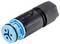 Cylindryczny złącz elektryczny w niebiesko-czarnej obudowie, odpowiedni do zastosowań przemysłowych.