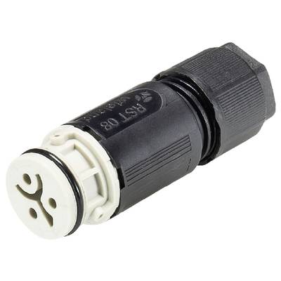 Czarny cylindryczny wtyk z tworzywa sztucznego z czterema otworami rozmieszczonymi w kształcie koła na białej podstawie. Odpowiedni do połączeń elektrycznych.