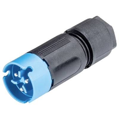 Złącze w czarnej obudowie z niebieskim przyłączem. Cztery metalowe styki do połączeń elektrycznych widoczne.