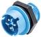 Niebieski, okrągły wtyk elektryczny z wieloma metalowymi stykami, otoczony sześciokątną czarną obudową z tworzywa sztucznego.