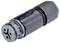 Czarny, cylindryczny wtyk elektryczny z szarym zakończeniem, przeznaczony do zastosowań przemysłowych i połączeń.