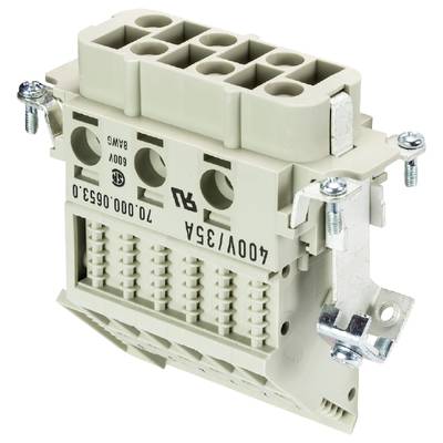Szary, wielobiegunowy złącz elektryczny ze śrubowymi zaciskami, przeznaczony do napięcia 400 V i natężenia prądu do 63 A.