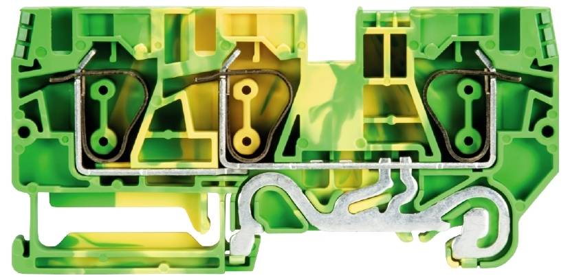 Zielony i żółty elektryczny blok zaciskowy do łączenia przewodów w zastosowaniach przemysłowych. Obudowa z tworzywa sztucznego z elementami metalowymi.