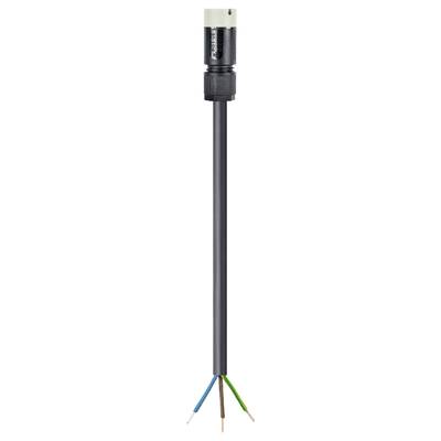 Czarny kabel z trzema odkrytymi przewodami (brązowy, niebieski, zielono-żółty) oraz czarną wtyczką u góry do połączeń elektrycznych.