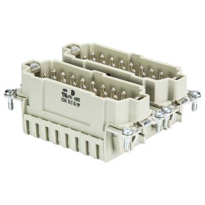 Prostokątne złącze elektryczne z wieloma metalowymi stykami ułożonymi w dwóch rzędach, zamontowane na płycie mocującej.
