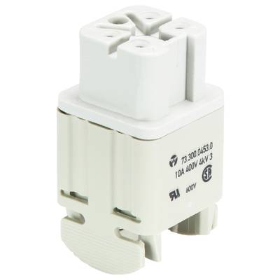 Biały elektryczny przełącznik z gniazdem umieszczonym u góry oraz opisami technicznymi po bokach.