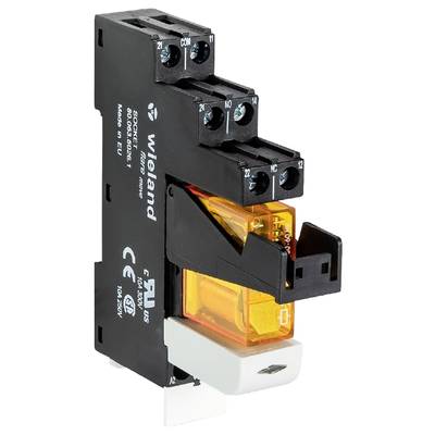 Elektryczne przekaźniki Wieland, model 82.040.0.240.1, w czarnej obudowie z żółtym przełącznikiem. Stosowane w aplikacjach sterowniczych.