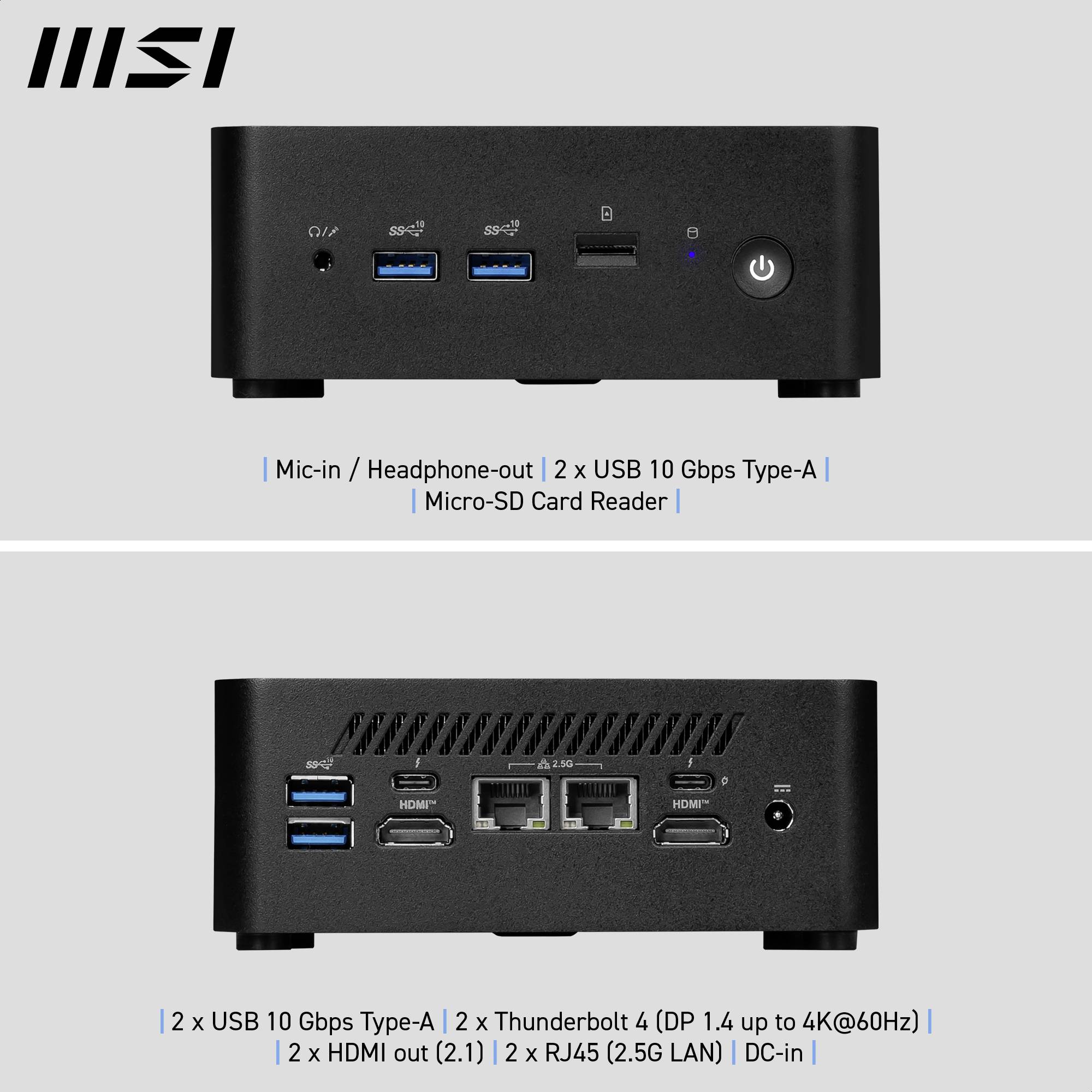 Czarne urządzenie z wejściem mikrofonowo-słuchawkowym, dwoma portami USB Typ-A o przepustowości 10 Gbps, czytnikiem kart Micro-SD, dwoma złączami HDMI (2.1) oraz dwoma gniazdami RJ45.