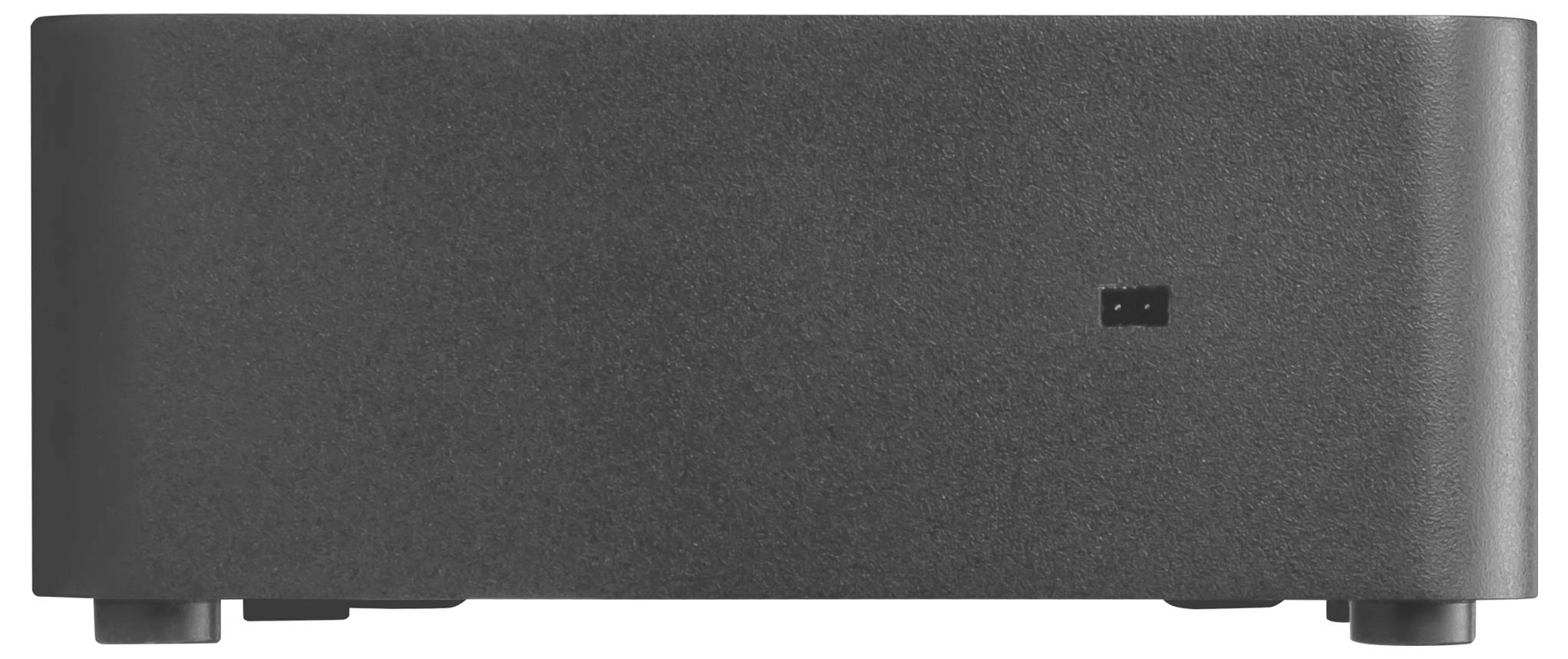 Czarny karton na buty z zaokrąglonymi rogami i małym logo po prawej stronie.