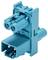 Niebieskozielony, dwuwarstwowy wtyk z dwoma dolnymi otworami i bocznymi szynami. Odpowiedni do połączeń elektrycznych.