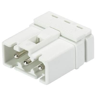 Biała, trójbiegunowa wtyczka. Odpowiednia do połączeń elektrycznych. Wykonana głównie z tworzywa sztucznego.