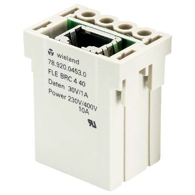 Kompaktowy elektryczny złącz wtykowy firmy Wieland z naniesionymi specyfikacjami technicznymi, stosowany do przesyłu energii elektrycznej i danych.