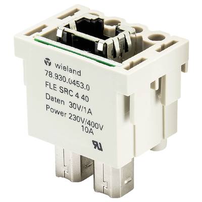 Elektryczny moduł wtykowy marki Wieland, model FLE SRC 4 40. Specyfikacje: dane 30V/1A, moc 230V/400V 10A.