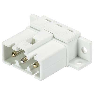 Biały elektryczny adapter wtykowy z dwoma metalowymi wtyczkami i otworami mocującymi po bokach, odpowiedni do zastosowań technicznych.