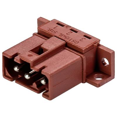Brązowy trójbiegunowy elektryczny adapter wtykowy z otworami na śruby do mocowania od spodu.