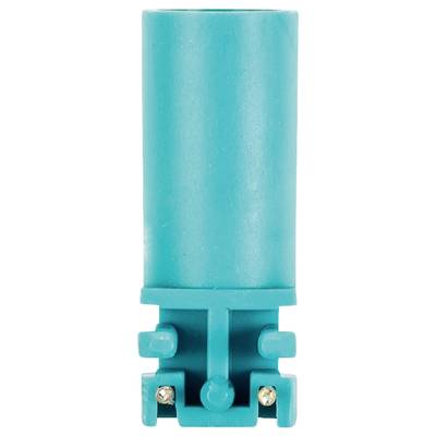 Niebieski cylinder z tworzywa sztucznego z płaskim spodem i dwoma srebrnymi śrubami od spodu, prawdopodobnie element elektroniczny.