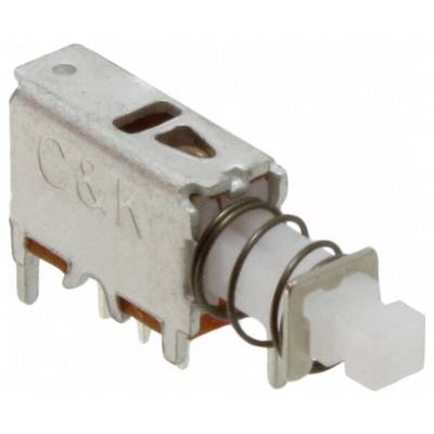 Mały elektroniczny przycisk przełączający wykonany z metalu i plastiku z widocznymi zaciskami i widoczną sprężyną, używany do sterowania obwodem elektrycznym.