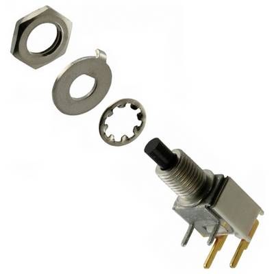 Metalowy przełącznik przełączny z czarnym kapslem, częściowo rozmontowany, pokazujący nakrętkę heksagonalną, podkładkę i toothed lock washer.