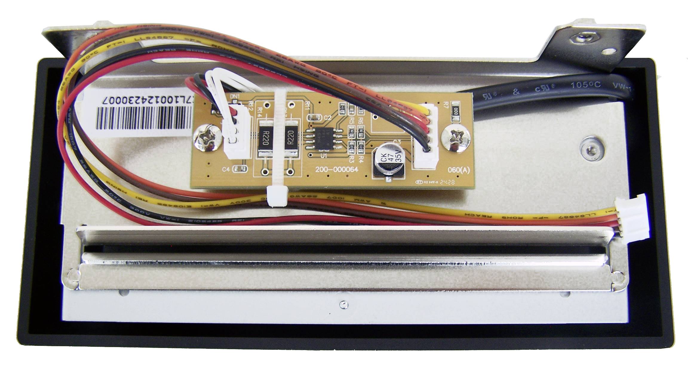 Elektroniczny element ze스위치 z kodem kreskowym i kolorowymi przewodami, zamontowany na metalowym wsporniku.
