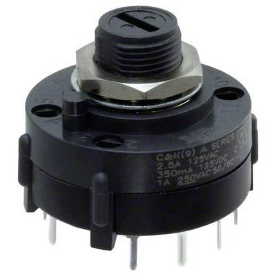 Czarny przełącznik obrotowy z wieloma metalowymi bolcami, oznaczony specyfikacjami elektrycznymi: 2,5A 125VAC, 1A 250VAC.