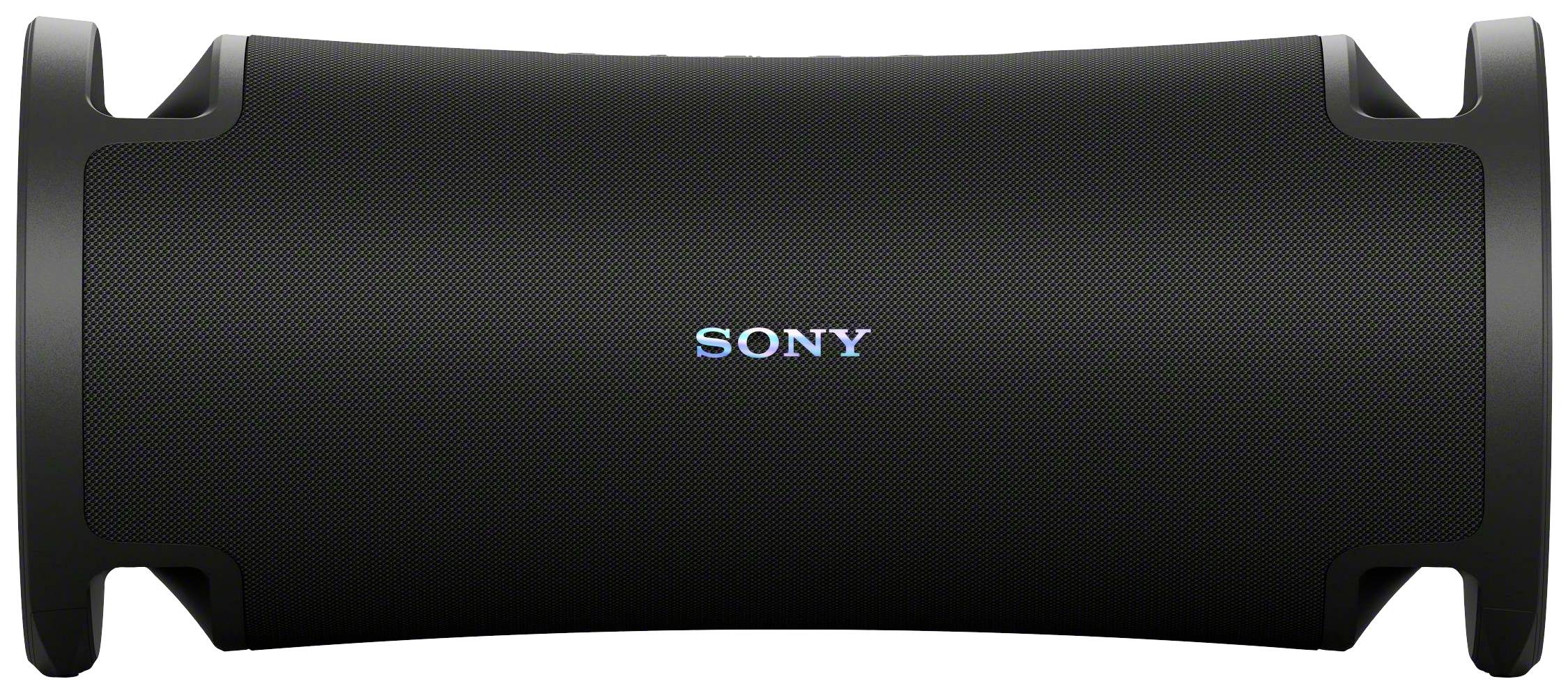Czarny przenośny głośnik Sony z zaokrąglonymi końcami i centralnym logo. Idealny do słuchania muzyki w podróży.